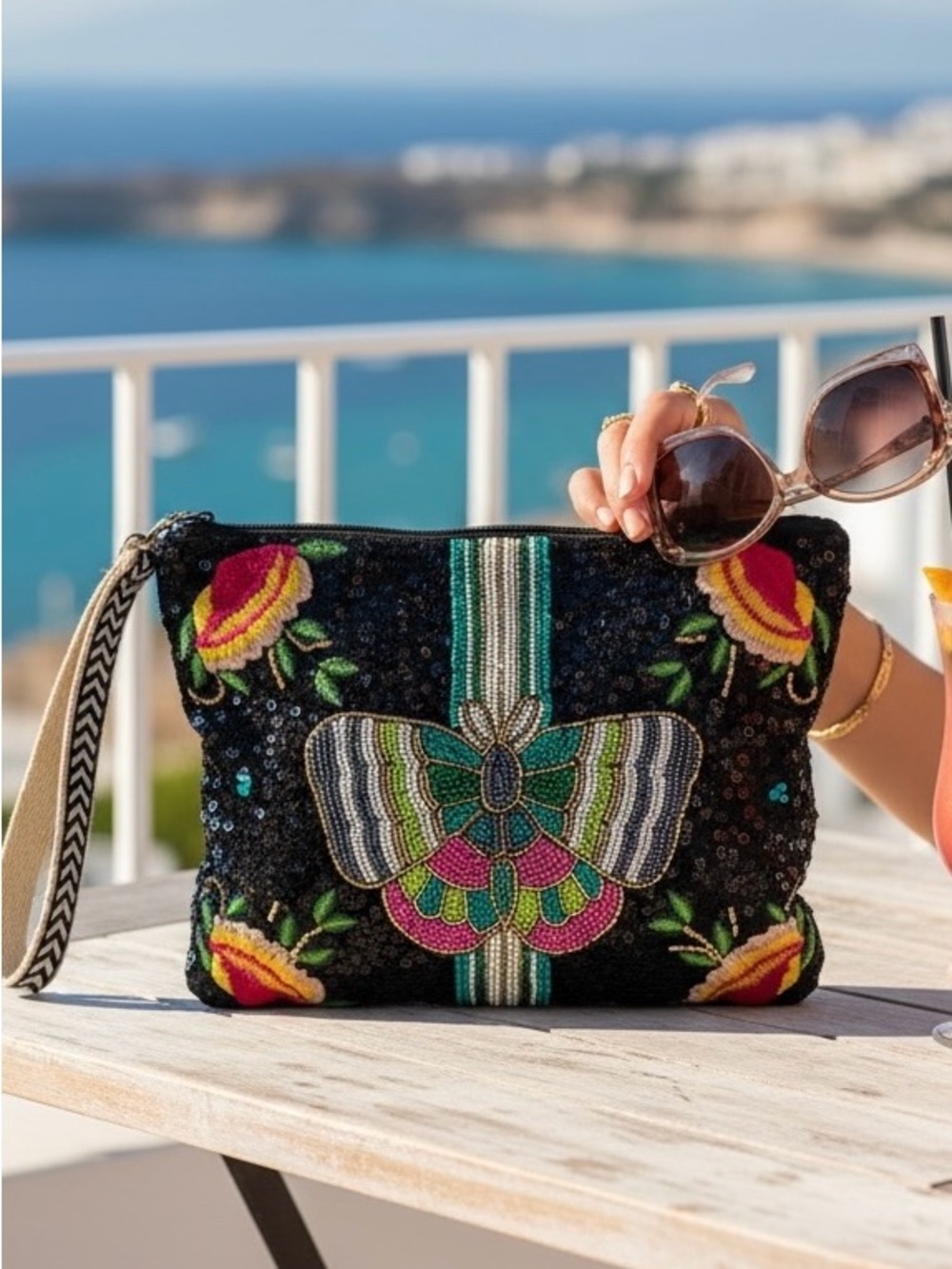 America & Beyond Butterfly Beaded Bag Clutch Wristlet Floral Black Multicolored